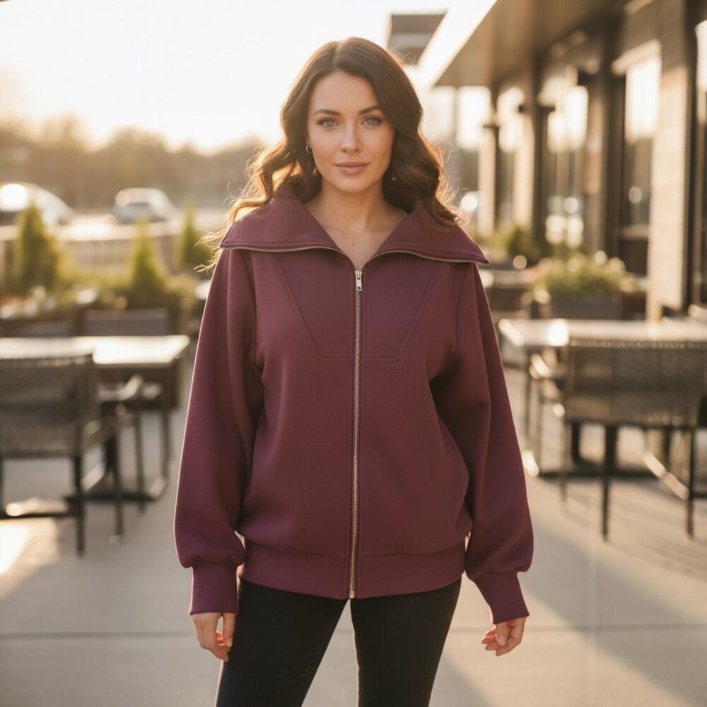 Efani Women's Knit Cotton Blend Full Zip Jacket Maroon Size M